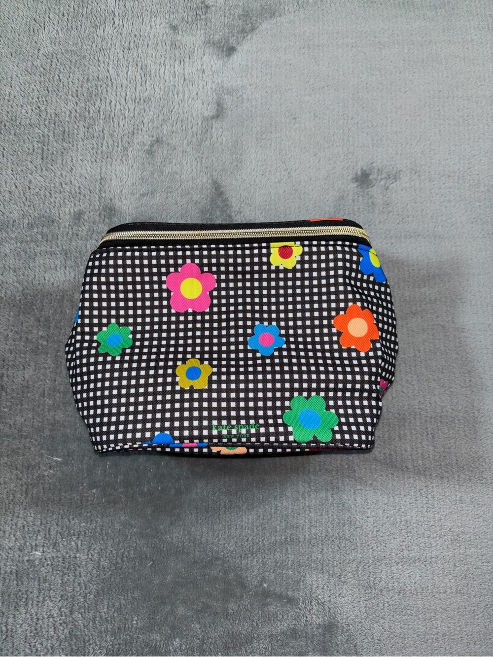 kate spade Black Gingham Insulated Lunch Bag with Multicolor Floral Print